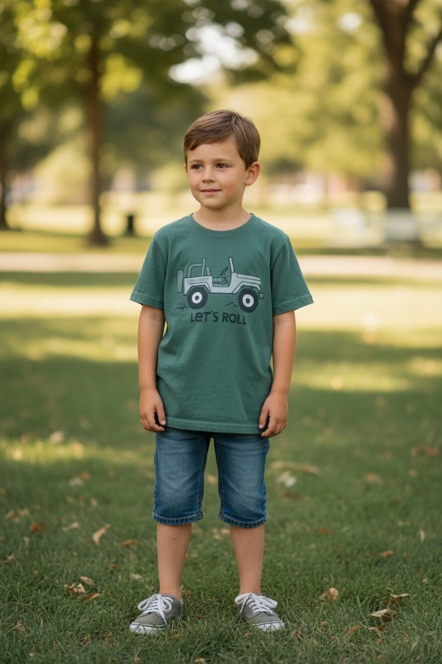 Life Is Good Kids Jeep Let’s Roll T Shirt Green Graphic Tee Youth Medium
